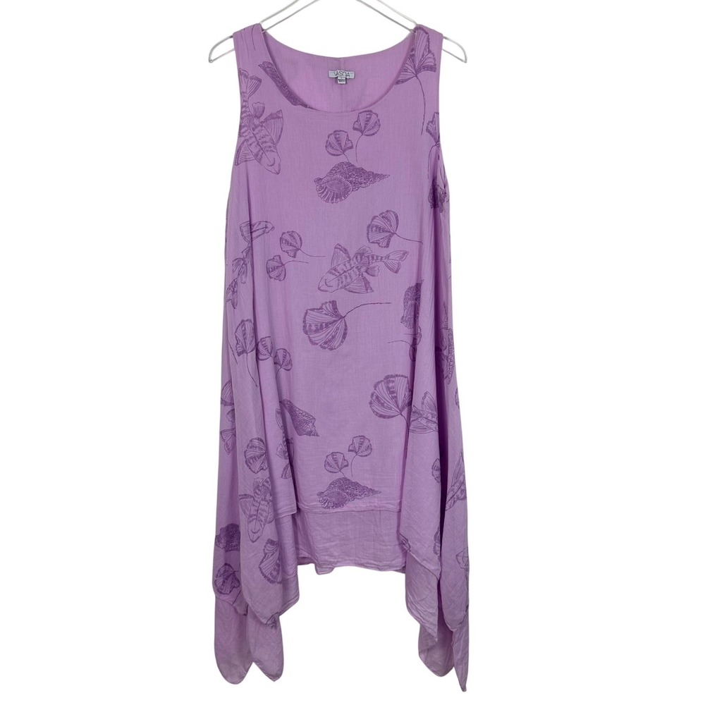 Vasna Italy 100% Linen Sharkbite Hem Coastal Fish Shell Print Dress Purple Large